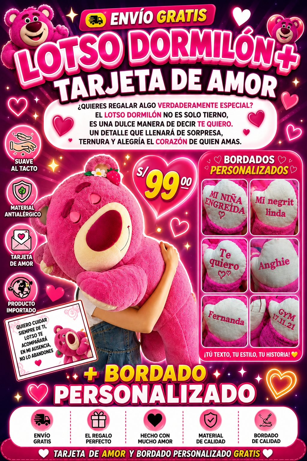 PELUCHE LOPSO DORMILON IMPORTADO + BORDADO PERSONALIZADO