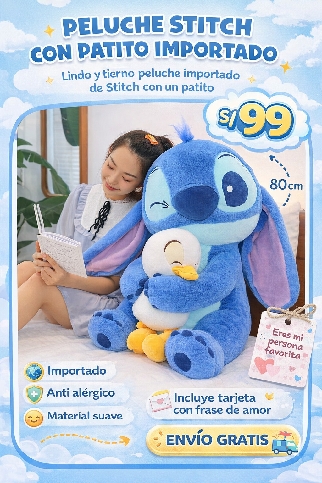PELUCHE STICH CON SU PATO IMPORTADO   + TARJETA PERSONALIZADA